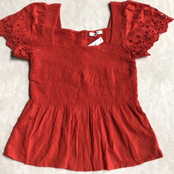 Madewell Eyelet-Sleeve Lucie Smocked Peplum Top Size XS - Picture 3 of 10